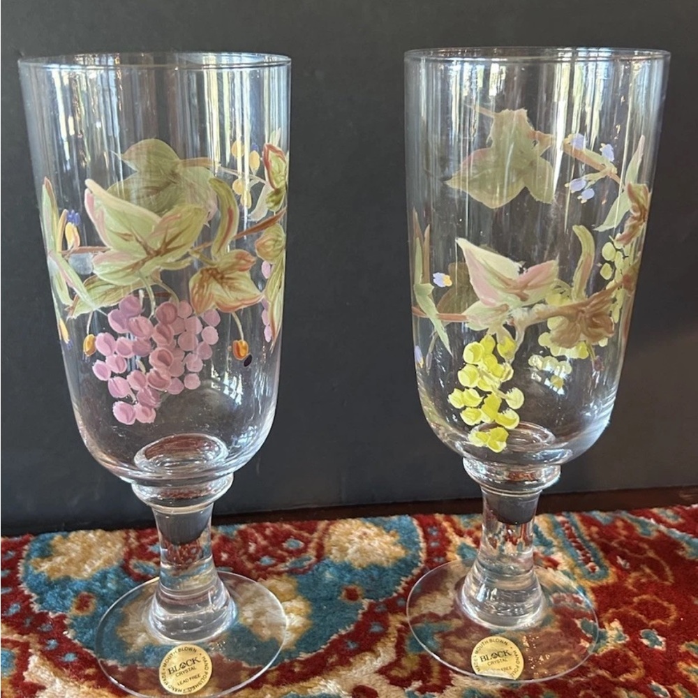 4 Vintage Block Crystal Painted Drink Glasses Footed Iced Water/Tea 9" NOS - Picture 4 of 11